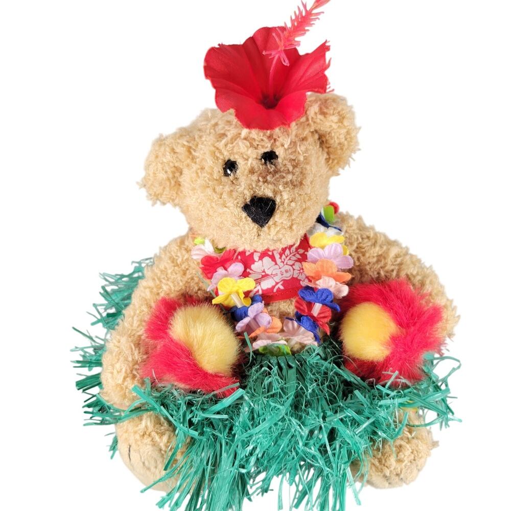 Hula Bear Plush Stuffed Animal Hawaiian Skirt Lei Flower Top Luau Party Decor